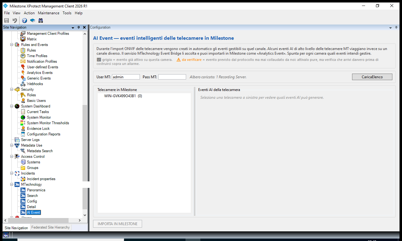 Scheda AI Event del plugin MTechnology: le classificazioni AI di bordo importate in XProtect come Analytics Events