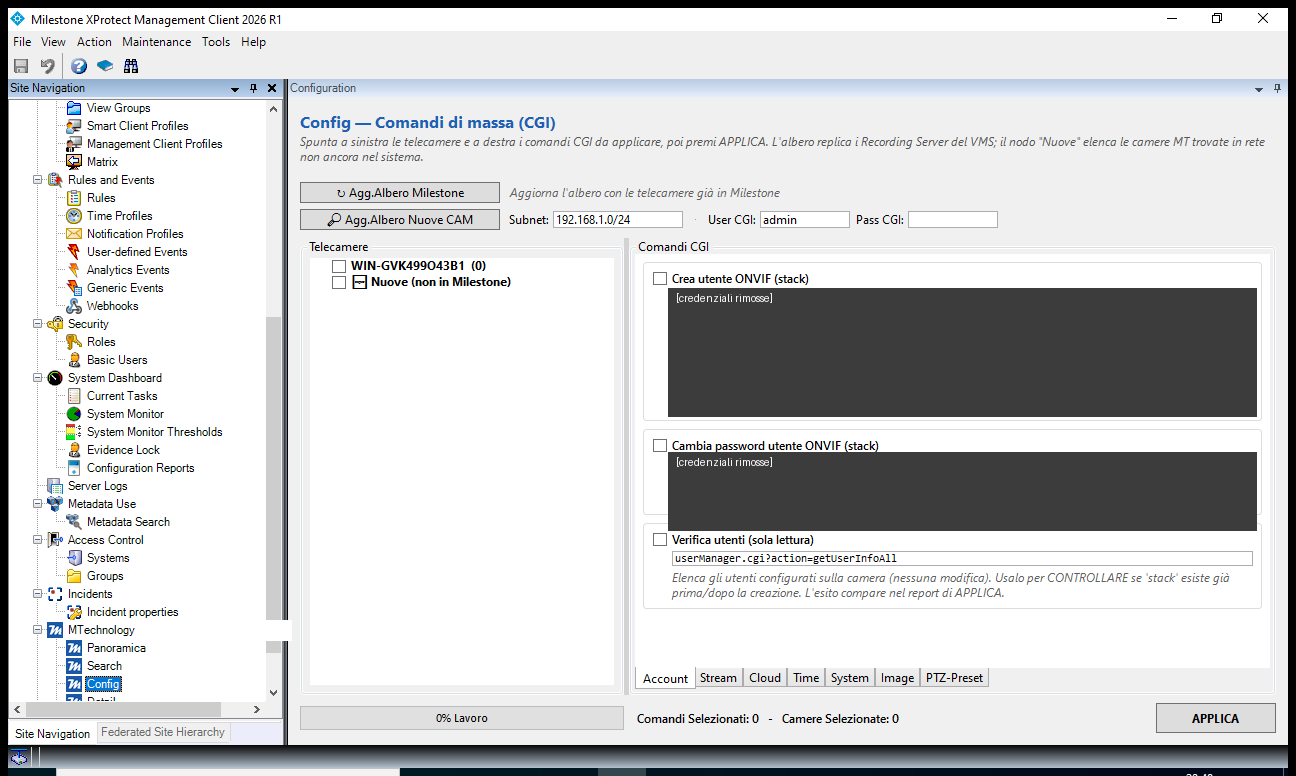 Nodo Config del plugin MTechnology: albero delle telecamere e comandi di configurazione applicati in blocco