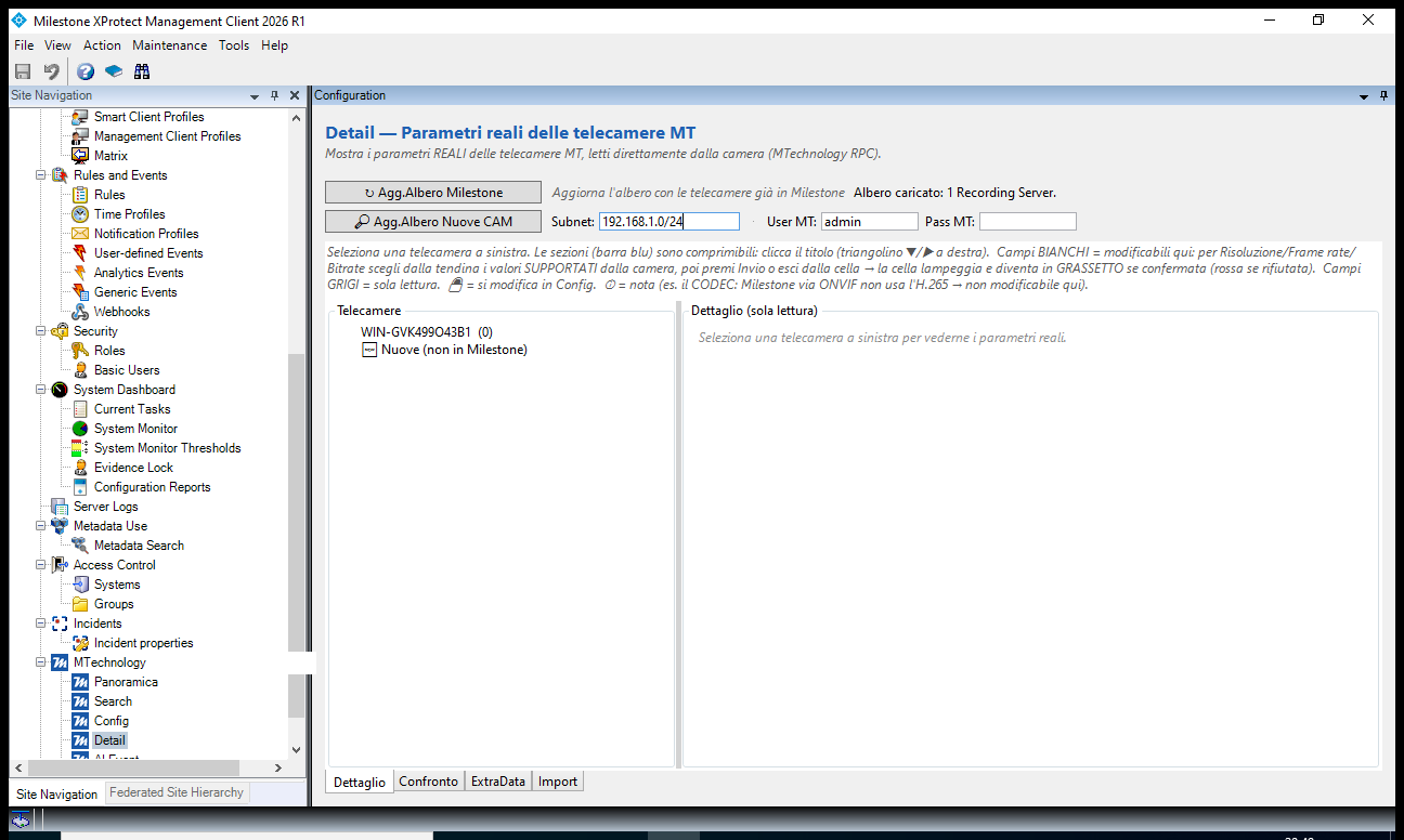 Nodo Detail del plugin MTechnology: vista Confronto a matrice dei parametri di tutte le telecamere