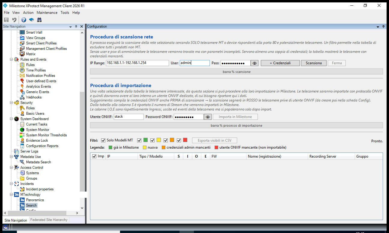 Nodo Search del plugin MTechnology: scansione della rete e tabella del parco telecamere pronto per l'import in Milestone XProtect