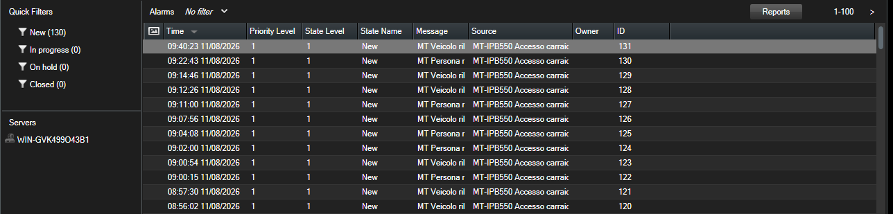 Alarm Manager di Milestone XProtect Smart Client con la coda di allarmi MT Persona rilevata e MT Veicolo rilevato generati dall'analisi AI di bordo durante il collaudo su traffico reale